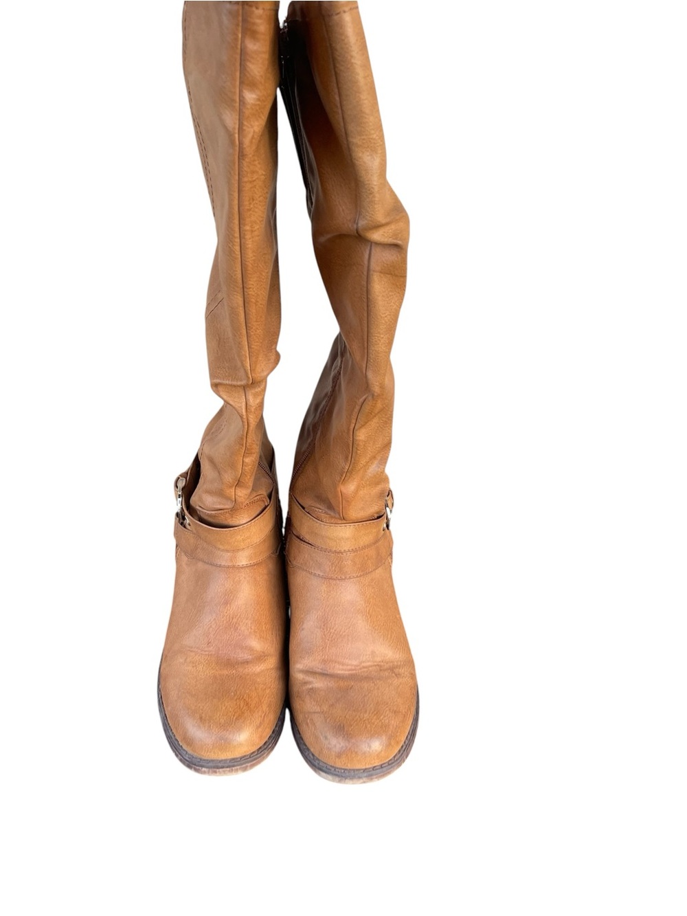 XOXO Women's Tan Mid-Calf Buckle Moto Boots